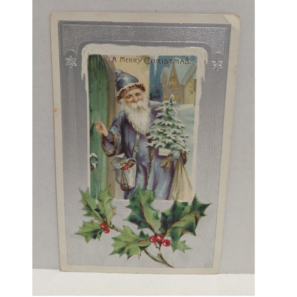 Antique Christmas Postcard Santa Claus Dressed in Blue Knocking on Door Germany